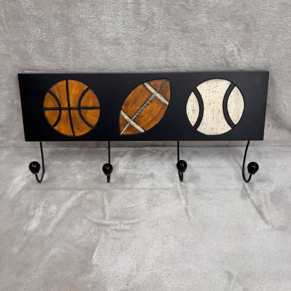 Hobby Lobby Sports Wall Hook Rack Basketball Football Baseball Wood Decor 20in